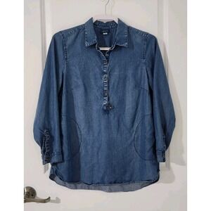 J.Jill Denim Womens Blouse Chambray Tunic Blue Long Sleeve Collared Pockets Sz S